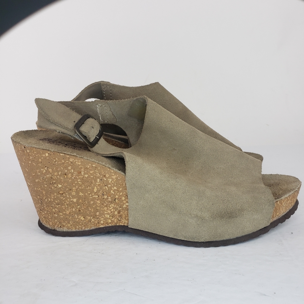 Bio-Gold Wedge Sandals Taupe Leather Ankle Strap Peep Toe - Picture 8 of 11